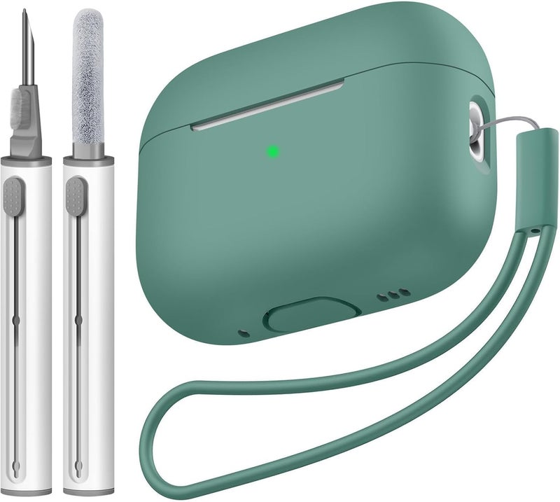 Tandoler حافظة متوافقة مع Airpods Pro 2، غلاف سيليكون ناعم واقي مع مجموعة تنظيف وحبل حمل متوافق مع AirPod Pro الجيل الثاني، LED أمامي مرئي - أخضر صنوبر - Image 1
